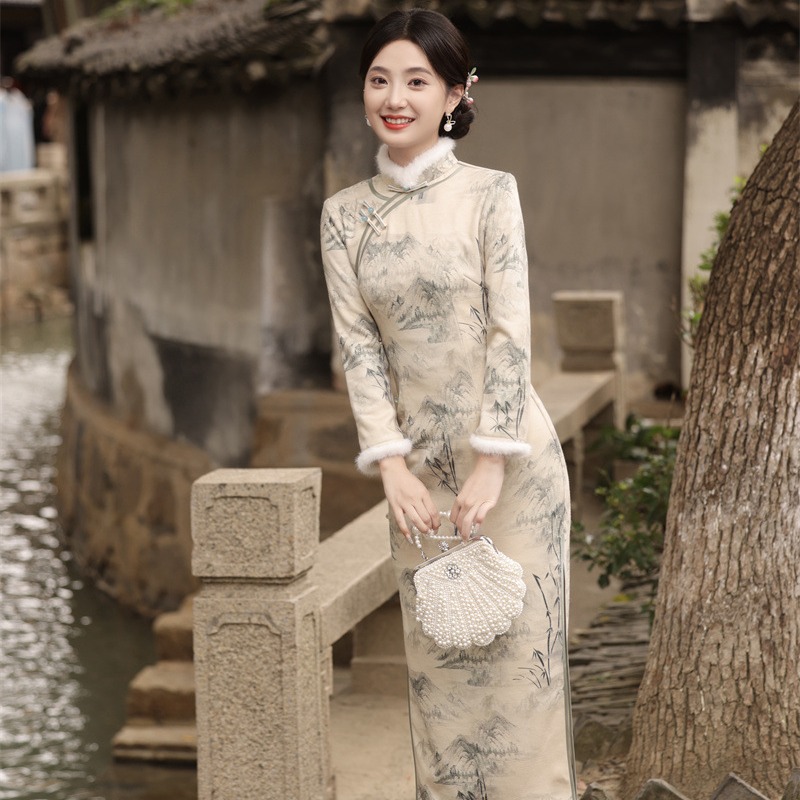 冬季加绒长款山水画中国风立领长旗袍SJT-400