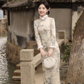 冬季新款加毛加 长款山水画中国风立领长旗袍SJT-400