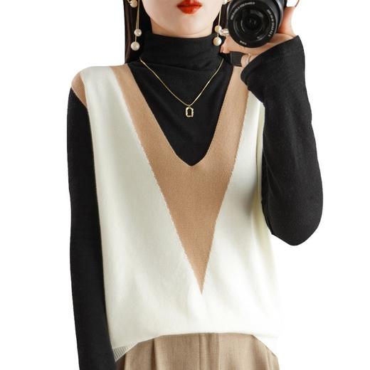 v领撞色背心马甲，针织宽松拼色百搭坎肩外搭毛衣外穿秋冬时尚拼色QH-GH3360 商品图4