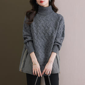 中长款棉服拼接高领毛衣，女秋冬慵懒风宽松外穿新款加厚打底衫CC-11-68122