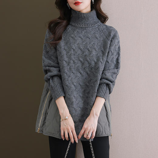 中长款棉服拼接高领毛衣，女秋冬慵懒风宽松外穿新款加厚打底衫CC-11-68122 商品图0