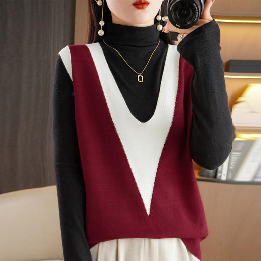 v领撞色背心马甲，针织宽松拼色百搭坎肩外搭毛衣外穿秋冬时尚拼色QH-GH3360 商品图0