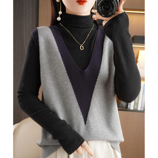 v领撞色背心马甲，针织宽松拼色百搭坎肩外搭毛衣外穿秋冬时尚拼色QH-GH3360 商品图3