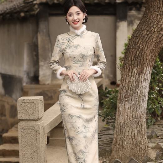 冬季加绒长款山水画中国风立领长旗袍SJT-400 商品图1