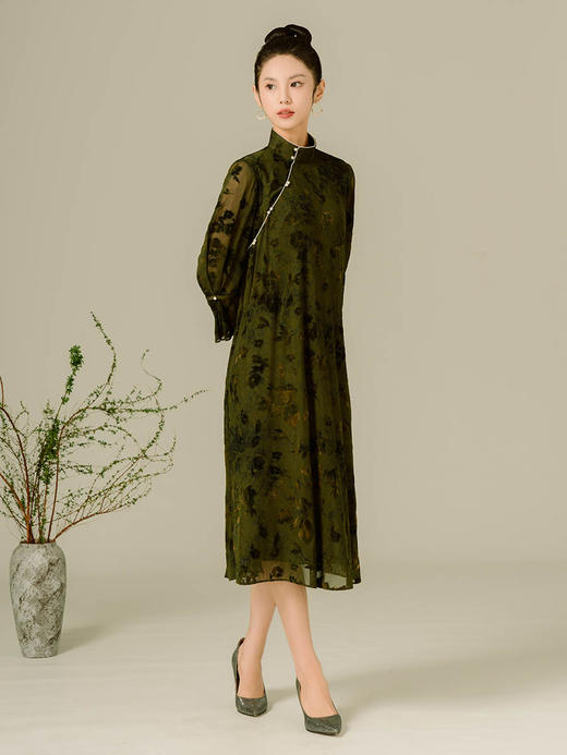 荷言GL 江畔 墨绿色浮雕质感烂花丝绒旗袍连衣裙复古长衫 商品图4