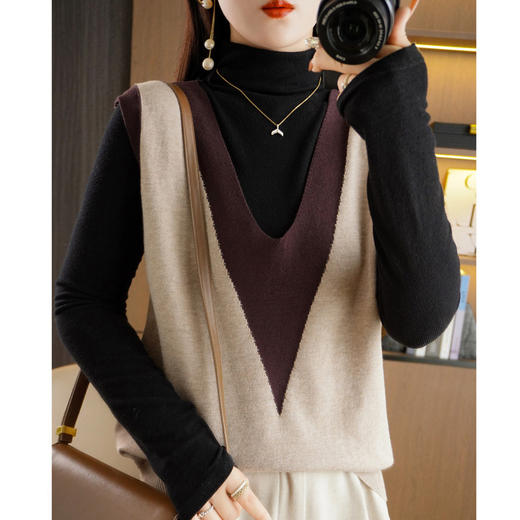 v领撞色背心马甲，针织宽松拼色百搭坎肩外搭毛衣外穿秋冬时尚拼色QH-GH3360 商品图2