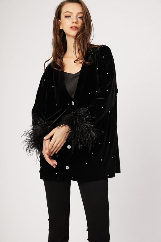 鸵鸟毛袖口黑丝绒亮钻长款弹力开衫外套 商品图0