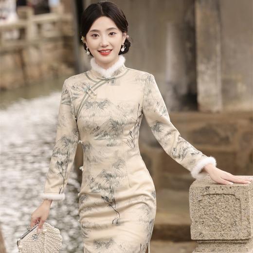 冬季加绒长款山水画中国风立领长旗袍SJT-400 商品图3