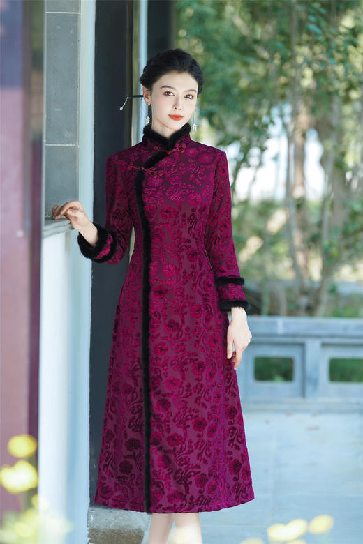 冬季加绒加厚保暖旗袍大摆裙，日常改良优雅大码修身显瘦减龄XS857 商品图1