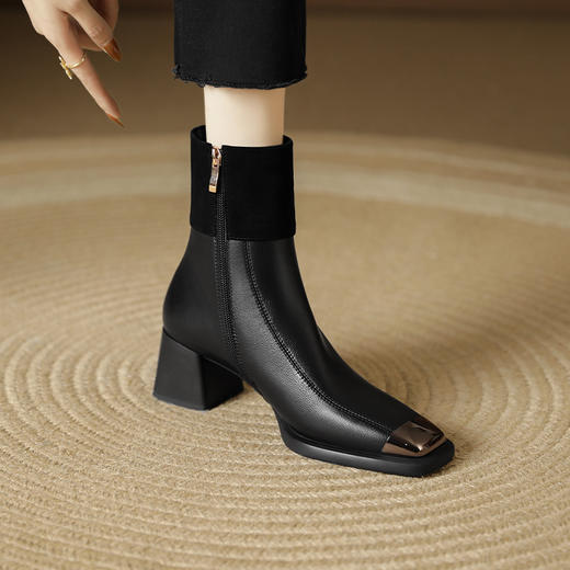 法式小香风真皮拼色，方头低跟短靴马丁靴YCJX-HL-6051 商品图2