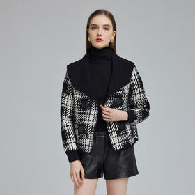 NG121斯尔丽2023秋冬新款撞色领时尚小款针织提花格子宽松版显瘦外套