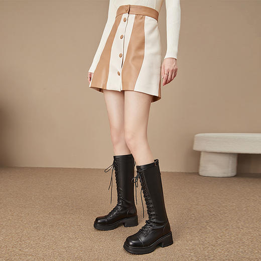 西遇厚底马丁靴女新款秋季美式甜酷机车不过膝长靴黑色骑士靴V1933840 商品图3