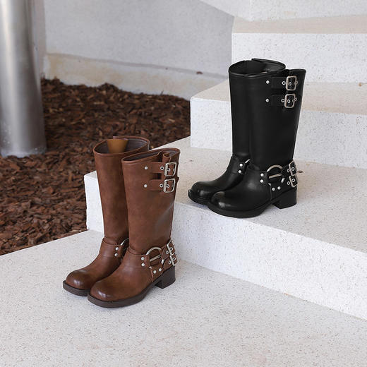 西遇复古机车靴女新款秋季马丁靴美式方头棕色厚底长筒靴子D0033850 商品图4