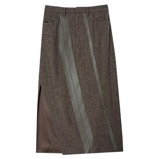 西嘉C+IMPRESS/西嘉美拉德风复古羊毛半身裙女秋冬拼接皮料开衩直筒裙BQ2304086 商品图4