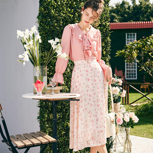 OLrain欧芮儿法式粉色蕾丝雪纺衫女秋季2023年新款宽松泡泡袖小衫 商品图2