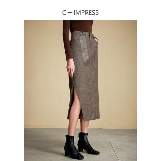 西嘉C+IMPRESS/西嘉美拉德风复古羊毛半身裙女秋冬拼接皮料开衩直筒裙BQ2304086 商品图1