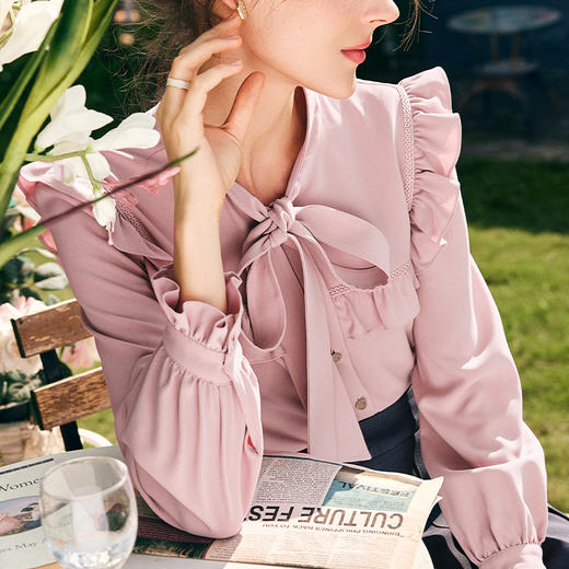 OLrain欧芮儿法式粉色蕾丝雪纺衫女秋季2023年新款荷叶边飘带衬衣 商品图1