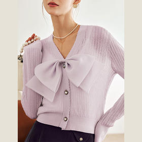 OLrain欧芮儿法式紫色针织开衫女秋季2023新款宽松蝴蝶结薄款上衣