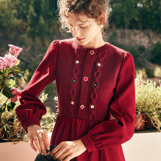 OLrain欧芮儿法式酒红色连衣裙女秋季2023年新款收腰针织拼接裙子 商品图1