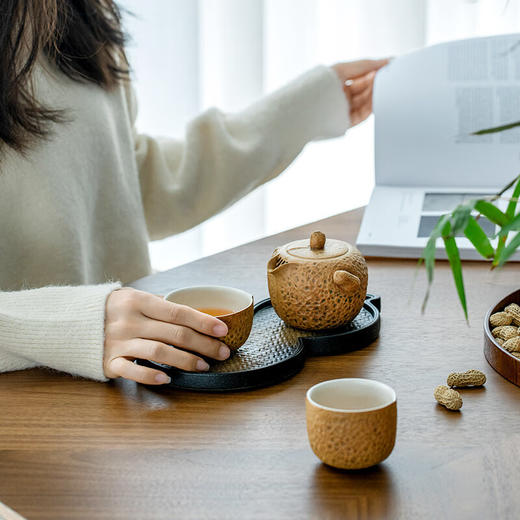 万仟堂（Edenus）旅行茶具 陶瓷便携户外茶具高档 创意泡茶茶杯 一壶两杯 花生记 黄砂釉+黑铁釉 商品图0