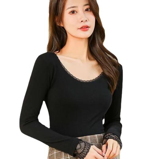 RY-R09206秋冬加绒加厚保暖上衣螺纹修身秋衣面膜打底衣蕾丝圆领长袖打底衫 商品图4