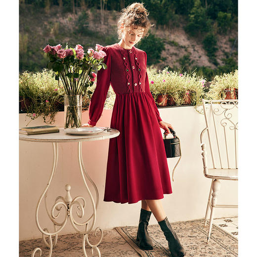 OLrain欧芮儿法式酒红色连衣裙女秋季2023年新款收腰针织拼接裙子 商品图0