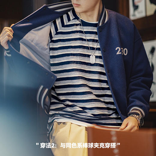 工装优选 美式休闲海浪立体条纹T恤撞色圆领插肩袖针织打底衫男秋 商品图4