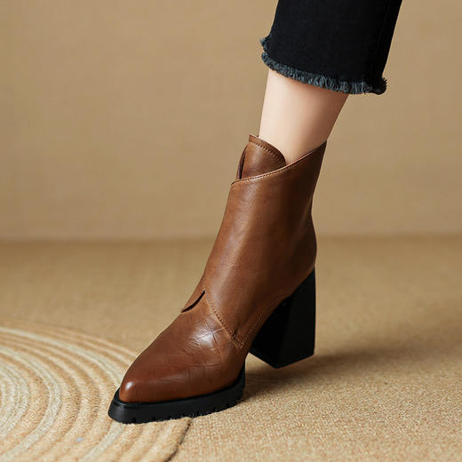 防水台厚底高跟短靴，尖头粗跟小个子马丁靴XH-F6619 商品图2