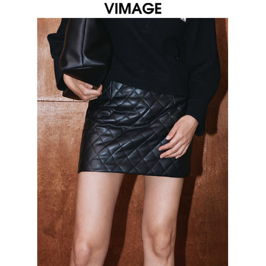 VIMAGE纬漫纪冬季新款高腰时尚包臀皮裙短裙半身裙V2006631 商品图2