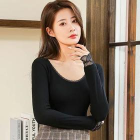 RY-R09206秋冬加绒加厚保暖上衣螺纹修身秋衣面膜打底衣蕾丝圆领长袖打底衫