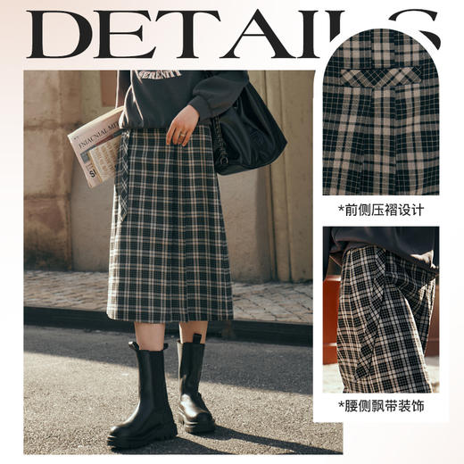 OLrain欧芮儿格子半身裙女秋季2023新款高腰美式复古压褶直筒裙子 商品图2