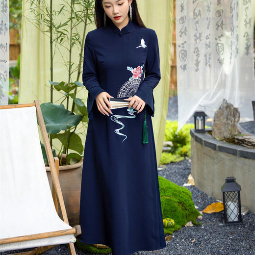 FLZD-23155立领修身扇子云仙穗头绣花连衣裙袖口特色压褶长裙23155 商品图5