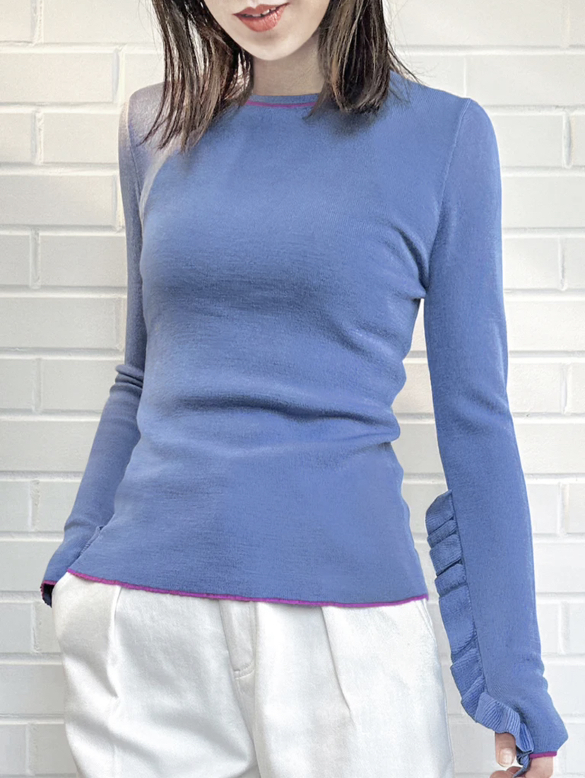 TYNVIE 荷叶边装饰袖口套头针织衫-蓝色