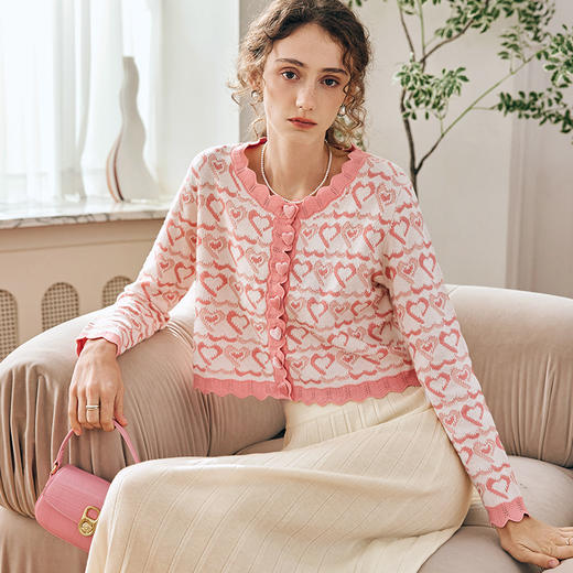 OLrain欧芮儿法式粉色针织开衫女秋季2023年新款爱心提花甜美外套 商品图3