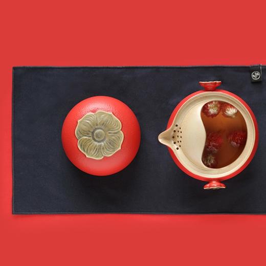 万仟堂 旅行茶具 陶瓷一壶一杯 旅行茶具套装 水果茶具 便携包 事事如意 朱漆釉 商品图0