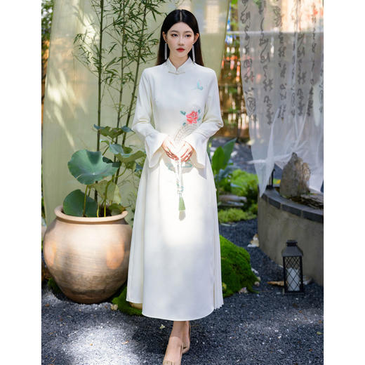 FLZD-23155立领修身扇子云仙穗头绣花连衣裙袖口特色压褶长裙23155 商品图2