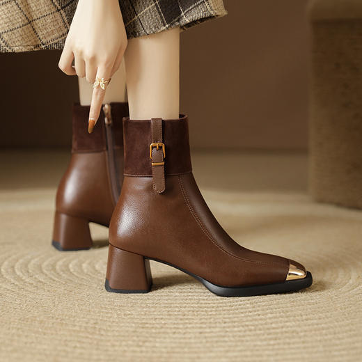 法式小香风真皮拼色，方头低跟短靴马丁靴YCJX-HL-6051 商品图1