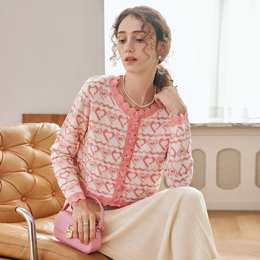 OLrain欧芮儿法式粉色针织开衫女秋季2023年新款爱心提花甜美外套 商品图0