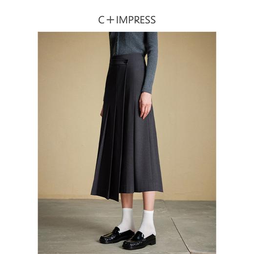 西嘉C+IMPRESS/西嘉知识分子风半身裙女秋冬不对称搭片设计感高腰百褶BQ2304031 商品图1
