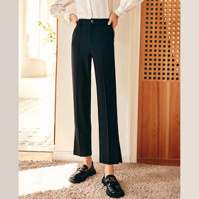 OLrain欧芮儿时髦黑色休闲裤女秋季2023新款简约修身通勤开叉西裤