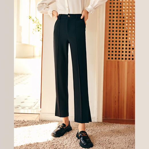 OLrain欧芮儿时髦黑色休闲裤女秋季2023新款简约修身通勤开叉西裤 商品图0