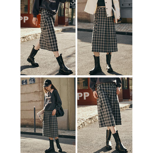 OLrain欧芮儿格子半身裙女秋季2023新款高腰美式复古压褶直筒裙子 商品图1