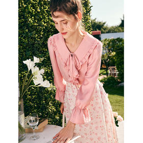 OLrain欧芮儿法式粉色蕾丝雪纺衫女秋季2023年新款宽松泡泡袖小衫