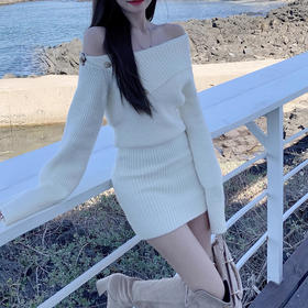 【极简白月光！包臀毛衣裙】时尚百搭舒适保暖一字肩翻领羊毛针织女装短裙套头长袖潮