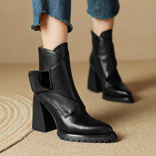 防水台厚底高跟短靴，尖头粗跟小个子马丁靴XH-F6619 商品图0