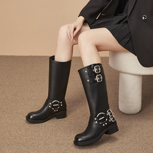 西遇复古机车靴女新款秋季马丁靴美式方头棕色厚底长筒靴子D0033850 商品图0