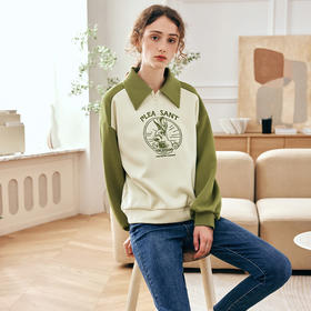 OLrain欧芮儿法式Polo领卫衣女秋季2023年新款萌兔刺绣撞色套头衫