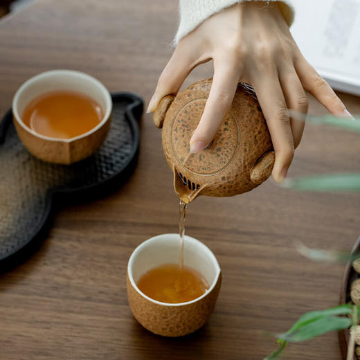 万仟堂（Edenus）旅行茶具 陶瓷便携户外茶具高档 创意泡茶茶杯 一壶两杯 花生记 黄砂釉+黑铁釉 商品图4