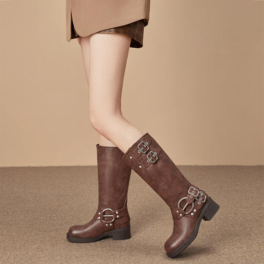 西遇复古机车靴女新款秋季马丁靴美式方头棕色厚底长筒靴子D0033850 商品图3