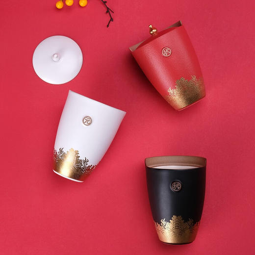 万仟堂茶杯陶瓷简约办公杯带盖创意高档茶杯毕业礼物 海水江崖·状元杯 哑光黑釉 商品图3